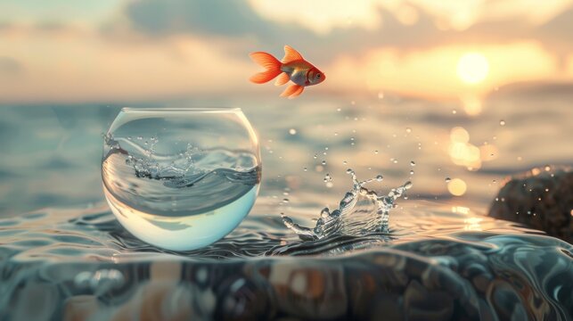 Goldfish Escaping Fishbowl at Sunset