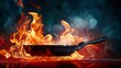 © The Little Hut - Flying pan isolated on fire background Creative chef template : Generative AI