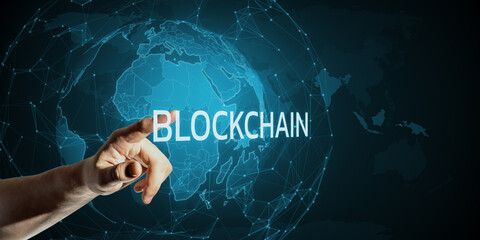 Poster - A hand touching the word 'BLOCKCHAIN' with a digital world map in the background, representing the concept of global technology
