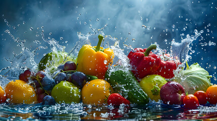 Explosion of vegetables with water droplets