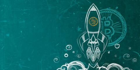 Aufkleber - A chalkboard drawing of a rocket symbolizing a Bitcoin launch, with a creative concept on a teal background. 3D Rendering