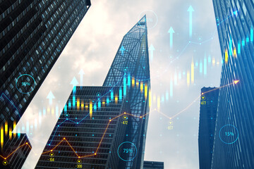 Poster - Modern skyscrapers with overlay of financial growth charts against a cloudy sky, depicting the concept of real estate market growth