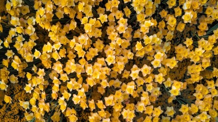 Poster - Aerial View of Vibrant Yellow Daffodils in Symmetrical Geometric Pattern, Bright Daylight Illuminating Intricate Floral Texture