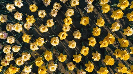 Poster - Symmetrical Aerial View of Vibrant Yellow Daffodils in Bright Natural Light