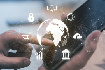 Poster - Hands holding a smartphone with global business icons overlaid, against a blurred street background, symbolizing global connectivity