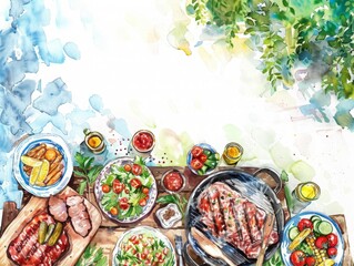 Wall Mural - A painting of a table with a variety of food, including meat, vegetables, having a barbecue, bbq, illustrations, summer activities.