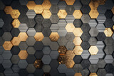 Fototapeta  - A hexagonal pattern on a wall with a mix of metallic gold and dark grey textures, modern graphic design on a striped backdrop, concept of luxury. 3D Rendering