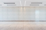 Fototapeta  - Empty subway station with a clean tiled wall and floor, modern ceiling lights, concept of public transportation space. 3D Rendering