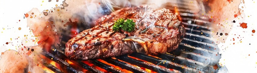 Wall Mural - A steak is being cooked on a grill, with a sprig of parsley on top, having a barbecue, bbq, illustrations, summer activities.