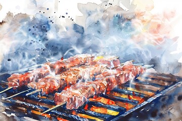 Wall Mural - A painting of a grill with meat on it, having a barbecue, bbq, illustrations, summer activities.