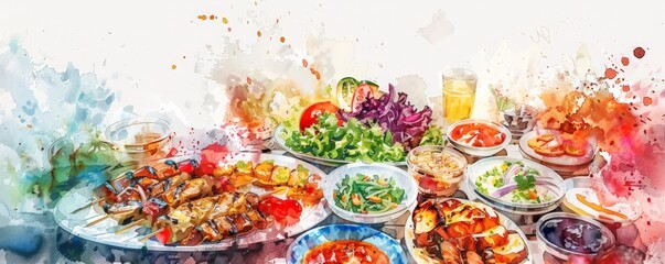 Wall Mural - A colorful plate of food with a variety of dishes including salad, meat, having a barbecue, bbq, illustrations, summer activities.