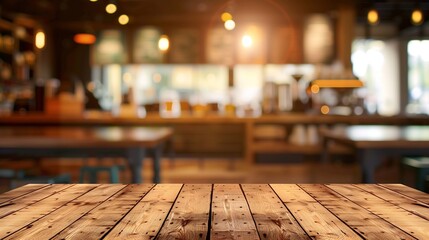 Fototapete - Empty wooden table in front of abstract blurred background of coffee shop  can be used for display or montage your productsMock up for display of product : Generative AI