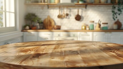 Poster - Empty beautiful round wood tabletop counter on interior in clean and bright kitchen  background Ready for display Banner for product montage : Generative AI
