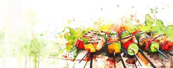 Wall Mural - A painting of skewers of food on a grill, having a barbecue, bbq, illustrations, summer activities.