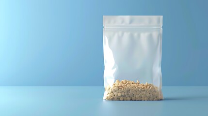 Blank or Grey Plastic Chips Bag Snack Packaging for Mockup template Food snack Chips Cookies Peanuts Candy Isolated on Blue background : Generative AI