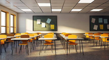 Wall Mural - Modern classroom interior with wooden desks, chairs, and a chalkboard on a grey background, concept of education. 3D Rendering