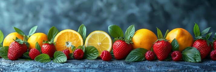 Canvas Print - Assorted fruits including lemons, strawberries, and oranges arranged in a row with leafy greens