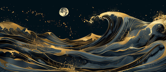 Wall Mural - luxury oriental black dark navy blue wave and moon golden line abstact texture banner background