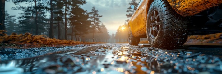 Yellow truck moving down wet road with water splashing