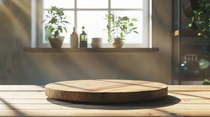 Poster - Wooden pedestal of free space for your decoration Kitchen interior with furniture Window and morning sun light Board of brown wood and mockup backdrop Empty space for your products nat : Generative AI