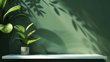 Poster - Green Shadow Backdrop Background Product 3d Bg Light Leaf Wall Podium Abstract Leaves Minimal Table Presentation Summer Tropic  Loft Backdrop Platform Pastel Gradient Two Tone Studio F : Generative AI