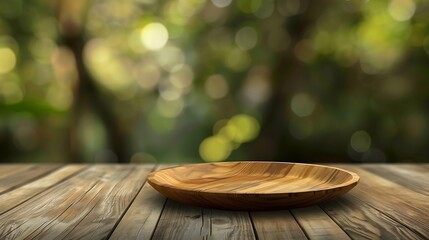 Poster - Empty wooden plate on wood table Soft blurry background of free space for your copy and branding Use as products display montage Vintage style concept : Generative AI