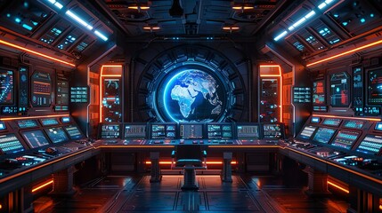 Sci-fi technology background image, Advanced control room with a central command console Illustration image,