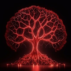 red tree with glowing dots, 3 d render, computer digital drawing, abstract background.