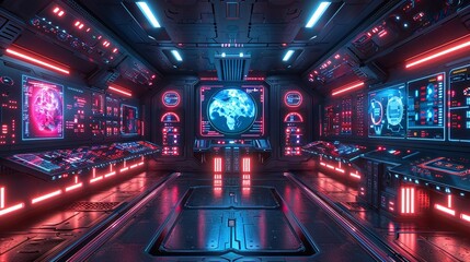 Sci-fi technology background image, Control room with an array of digital screens and consoles Illustration image,