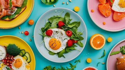 Wall Mural - Keto-Friendly Breakfast Plates with Fresh Produce on Vibrant Background