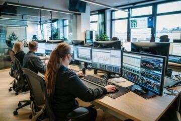 Poster - a woman sitting at a desk with dual computer monitors. perfect for office and technology concepts