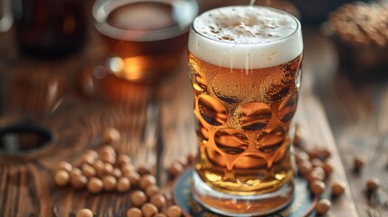 Canvas Print - A close up of a glass filled with beer on top of some nuts, AI