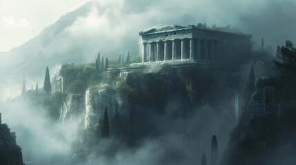 Ancient old greek temple in a mist and fog mountain landscape.