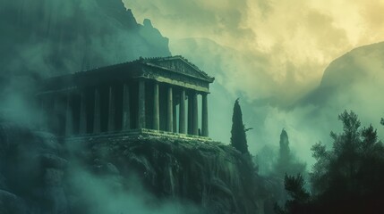 Ancient old greek temple in a mist and fog mountain landscape.