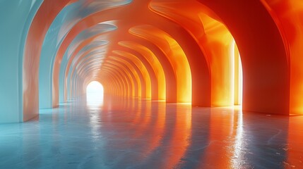 Sticker - A tunnel of orange and blue lights in a hallway, AI