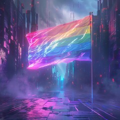 Poster - A rainbow flag is flying in the air in a city