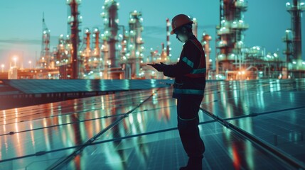 Wall Mural - double exposure of smart engineer maintenance in solar power plant checking installing photovoltaic solar modules with digital tablet with Oil and gas refinery industry plant background