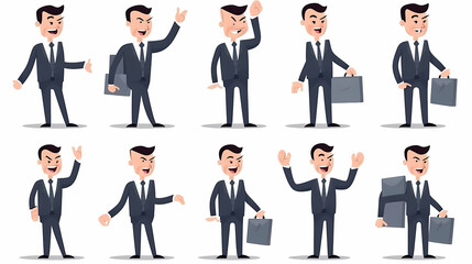 Set of businessman character vector design. Presentation in various action with emotions, running, standing and walking. People working in office planning, thinking and economic analysis