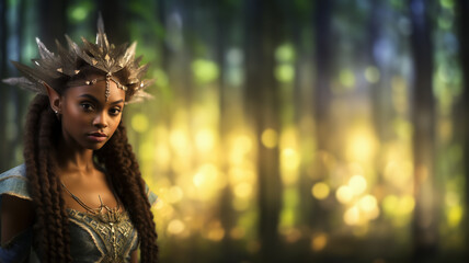 African american elf. most pretty elf maiden in the woods. Princess elven woman elf portrait. Fantasy lush bokeh forest background.