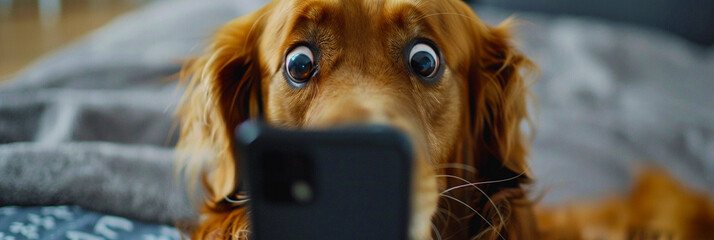 Image of a dog making a surprised face at a cell phone screen..