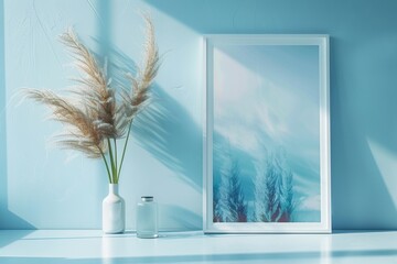 Aufkleber - Cyan Blue Minimalist Art Display: Abstract Geometric Cyanotype Print in a Modern Interior Setting