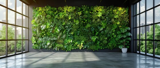 Wall Mural - Green living wall with perennial plants in modern office. Urban gardening landscaping interior design. Fresh green vertical plant wall inside office