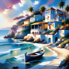 Wall Mural - Italian city on seashore, white houses, green trees, flowers, sun, blue sky, boats, heat.