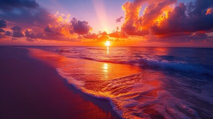 Wall Mural - A beautiful sunset over the ocean with a few clouds in the sky. The sky is orange and pink, and the water is calm