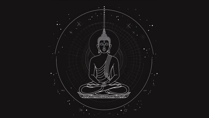 Wall Mural - Create a design of Buddha, vector art, minimal, lines and shapes, black background