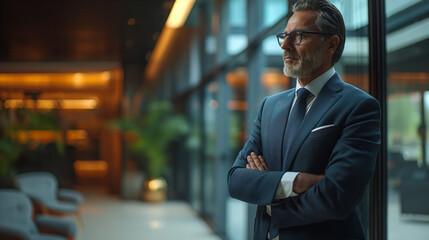 side view of a business man with a white beard and glasses wearing a suit and standing in a modern o