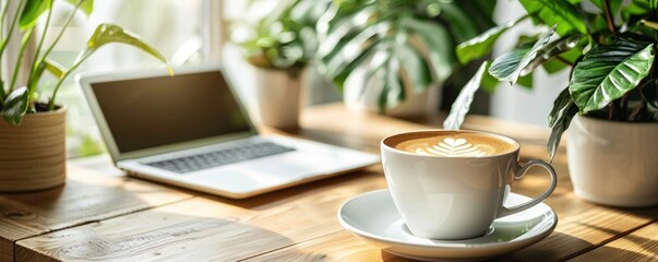 Modern workspace home office desk table with blank spiral notebook, digital tablet, cup of coffee and green plant leaves. Top view, copy space