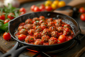 Skillet filled with meatballs and tomatoes