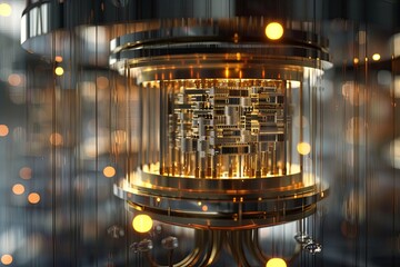 Poster - A large metal object, a quantum computer, illuminated by numerous lights around it