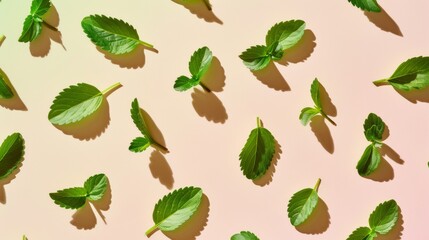Leinwandbilder - Bright and Cheerful Pattern of Green Stevia Leaf Packets on a Light Beige Background